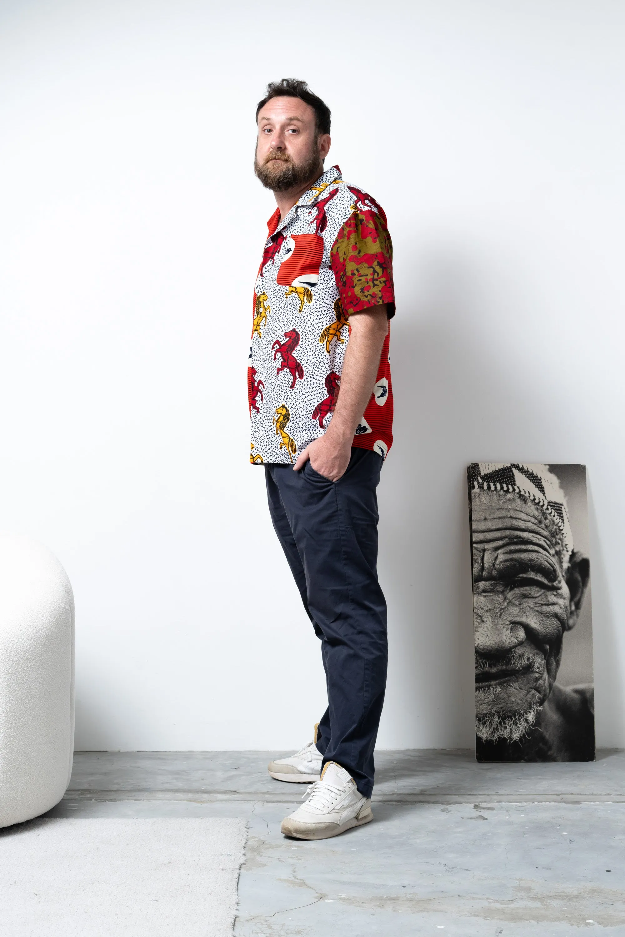 Zika Loose fit Bowling Collar Unisex Shirt - Mix Match Horses/Speedbird Red White and Yellow African Ankara Wax Cotton Print