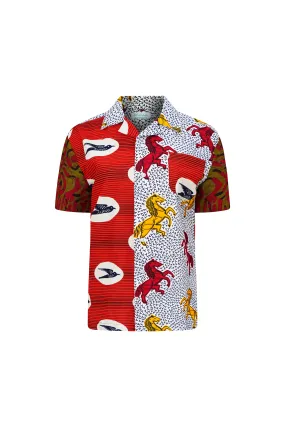 Zika Loose fit Bowling Collar Unisex Shirt - Mix Match Horses/Speedbird Red White and Yellow African Ankara Wax Cotton Print