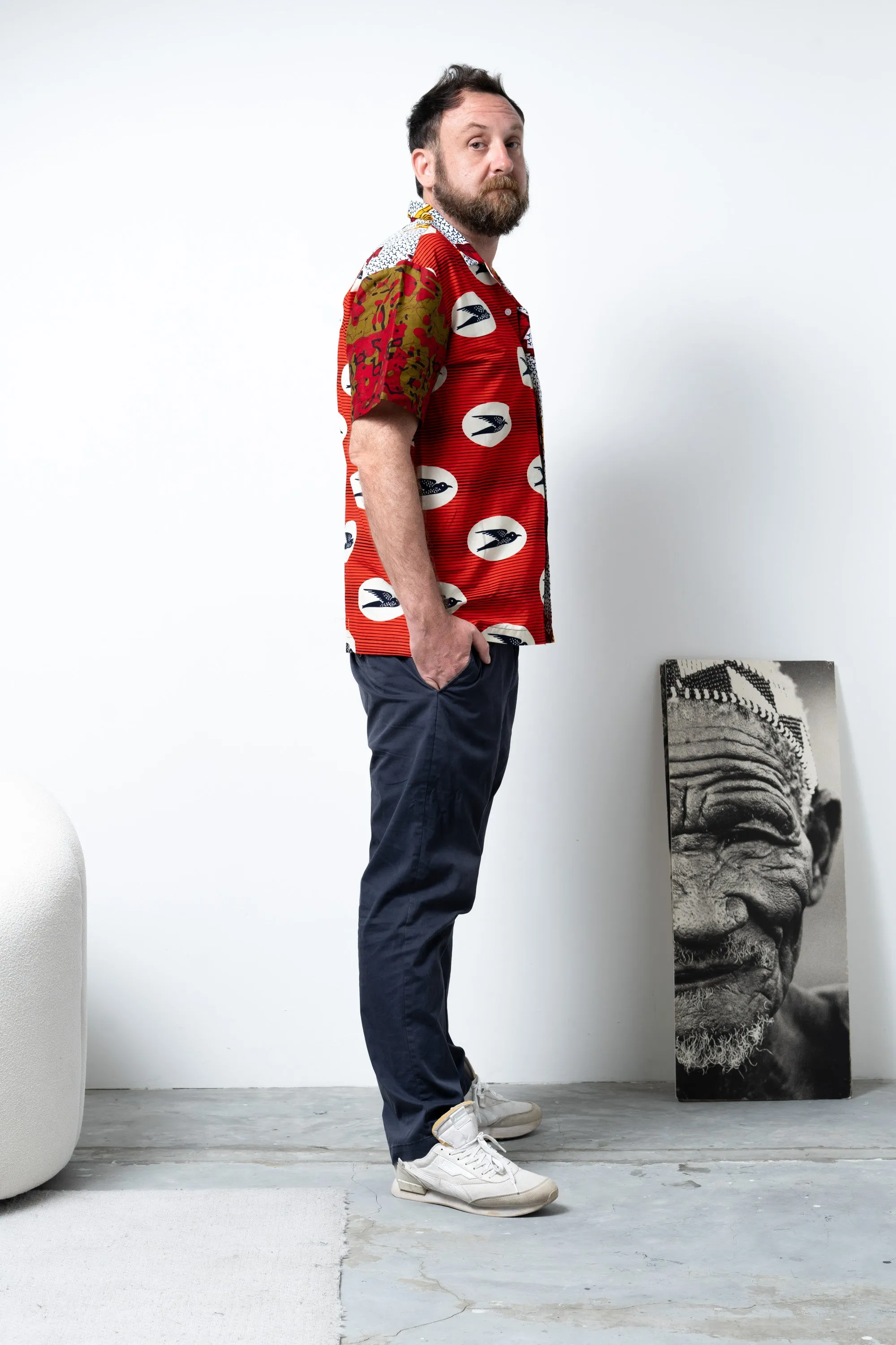 Zika Loose fit Bowling Collar Unisex Shirt - Mix Match Horses/Speedbird Red White and Yellow African Ankara Wax Cotton Print